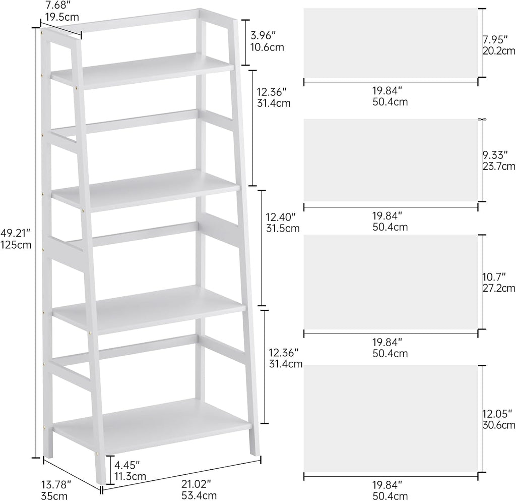 HITNET Ladder Shelf, 4 Tier Bookshelf, Floor Standing Bathroom Storage Rack with Bamboo Frame, Home Office Open Display Bookcase, White