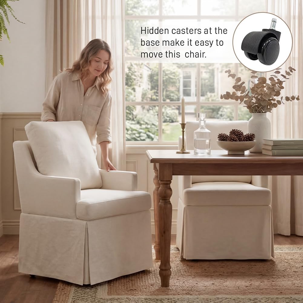 UVV Upholstered Dining Chairs Set of 2, Modern Kitchen Chair Dining Room Chair with 4 Casters, Linen Armchair for Bedroom Reading Room Living Room,Beige