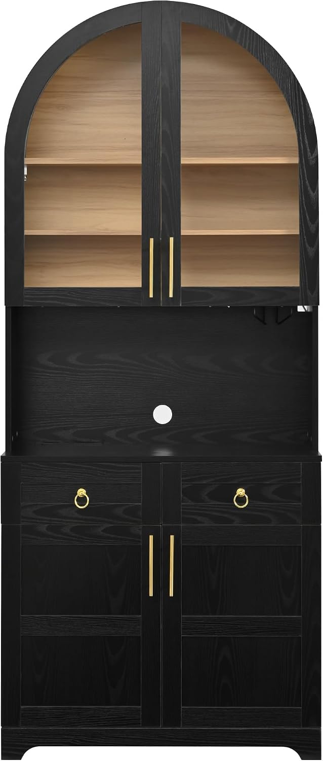 74.8" Tall Arched Kitchen Pantry with Power Outlet & LED Light, Kitchen Storage Hutch with Adjustable Shelves, Tall Cupboard for Dining Room, Bathroom (Black-TA)