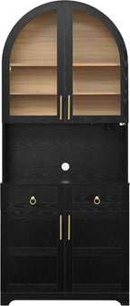 74.8" Tall Arched Kitchen Pantry with Power Outlet & LED Light, Kitchen Storage Hutch with Adjustable Shelves, Tall Cupboard for Dining Room, Bathroom (Black-TA)