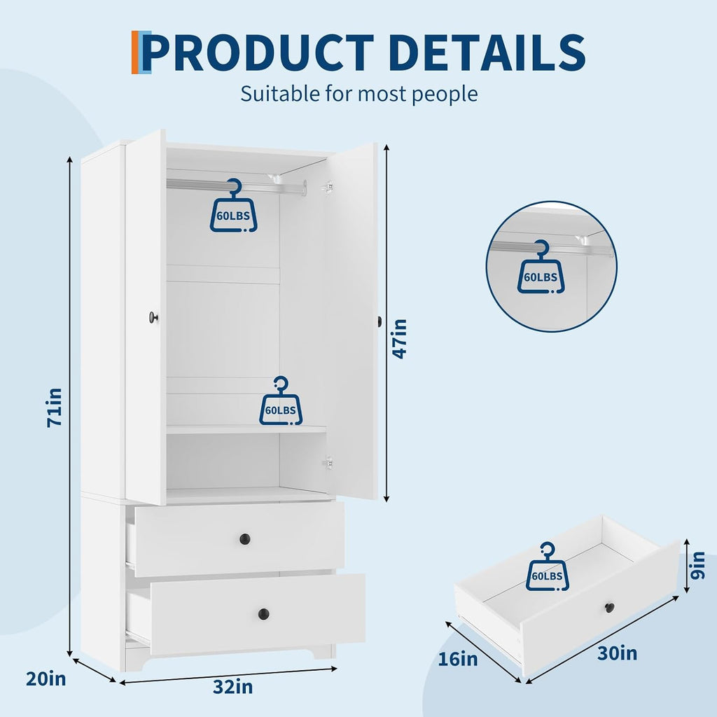 Garvee 71" Armoire Wardrobe Closet, Modern Wooden Bedroom Armoire with 2 Drawers & 2 Doors and Adjustable Shelves，Clothing Storage Cabinet with Aluminum Hanging Rod, Locker
