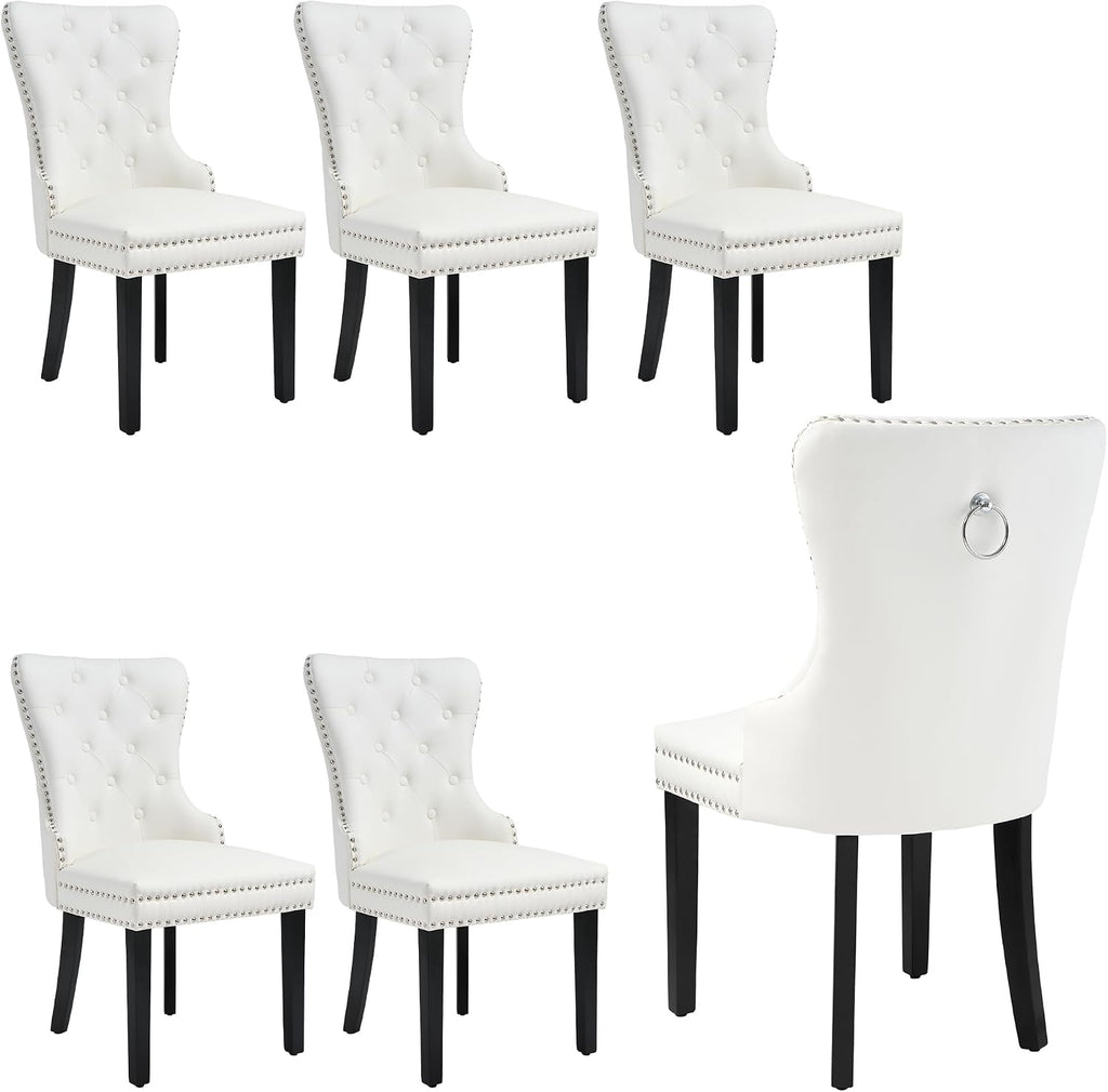 PU Leather Dining Chairs Set of 6, Upholstered Dining Room Chairs with Solid Wood Legs & Back Ring Pull Trim Ring, Modern Dining Chairs Perfect for Dining Room,Living Room,Kitchen, White