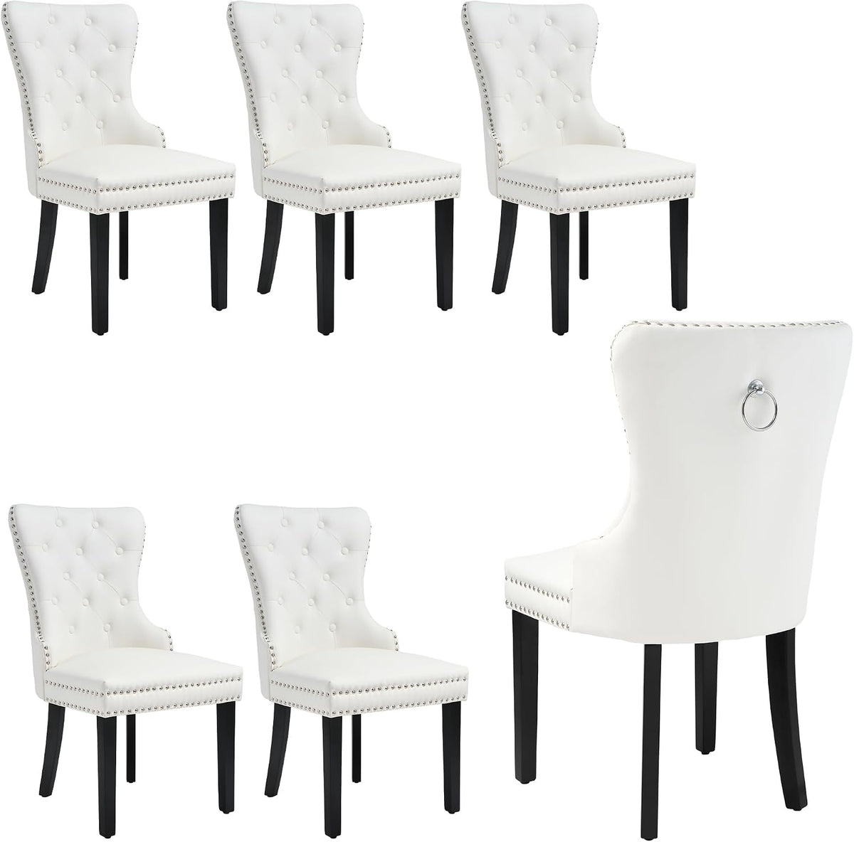 PU Leather Dining Chairs Set of 6, Upholstered Dining Room Chairs with Solid Wood Legs & Back Ring Pull Trim Ring, Modern Dining Chairs Perfect for Dining Room,Living Room,Kitchen, White