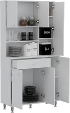 90 Kitchen Pantry Cabinet, Two Open Shelves, One Drawer, Multiple Cabinets, White