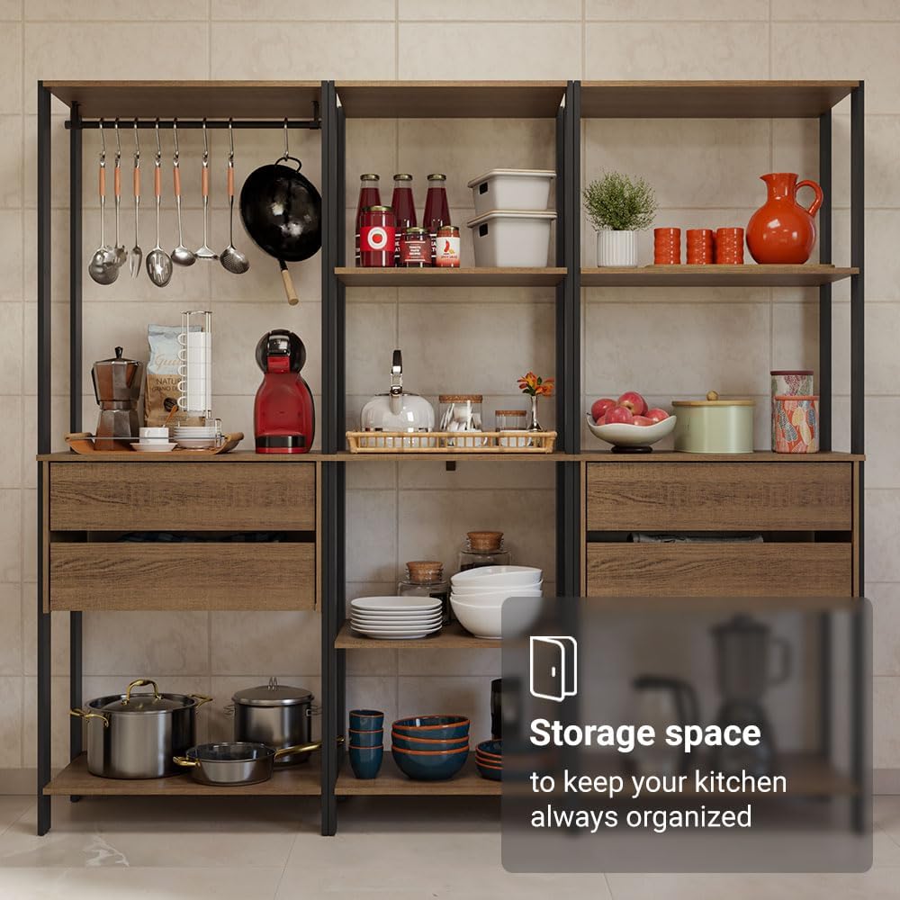 Madesa Kitchen Pantry Storage Rack with 4 Drawers, Open Shelves and Hanging Space 78" L Multiuse Modular Cabinet for Kitchen Organization - Black/Brown