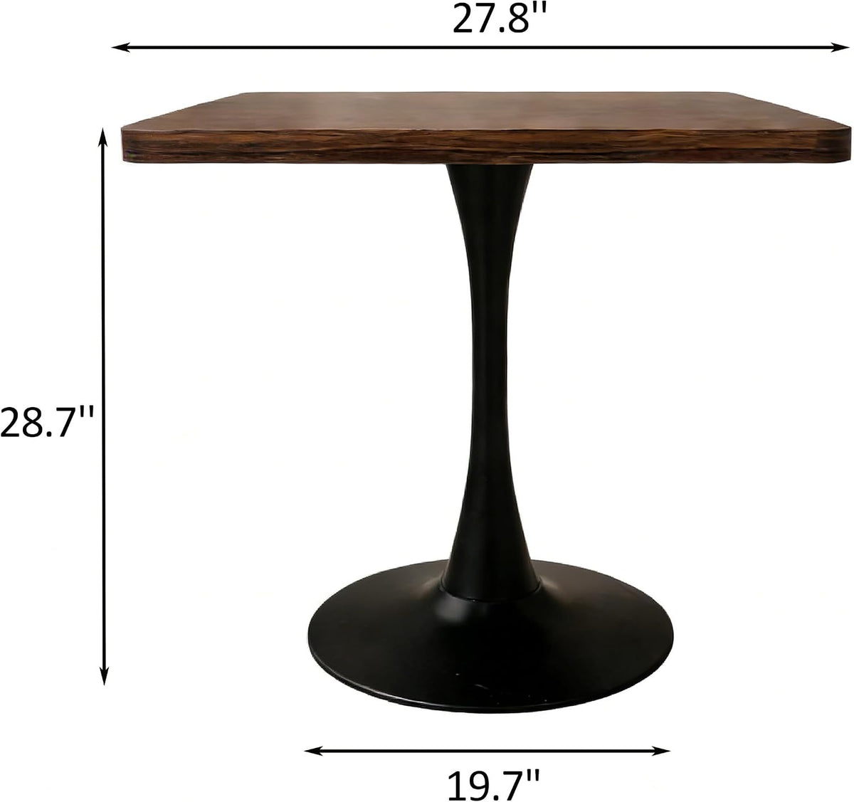 27.6" Tulip Table for 2-3 Persons Walnut Modern Square Dining Tables Mid-Century Leisure Table Thickened Wooden MDF Top Black Metal Base, for Living Room Kitchen (Walnut,27.6")