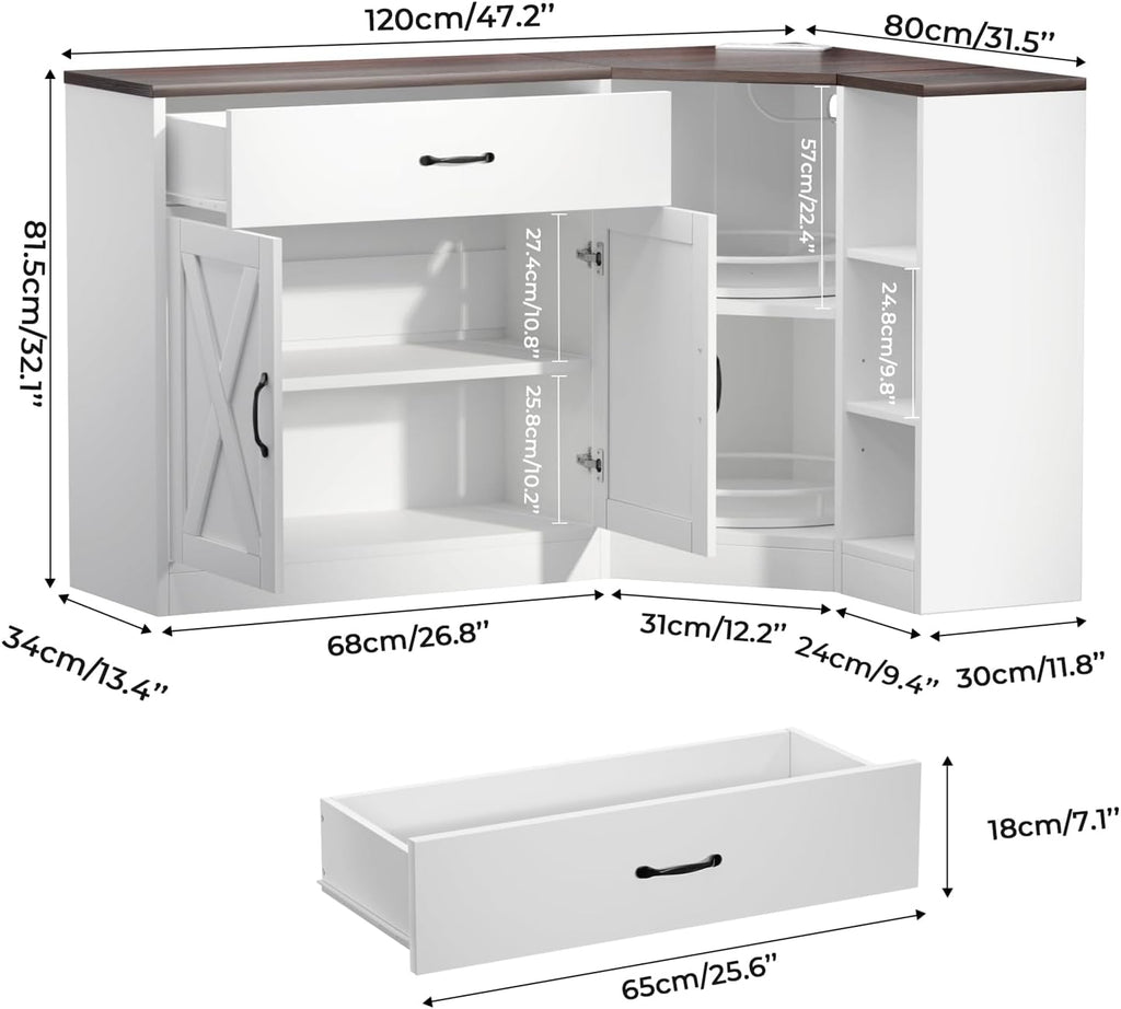 Corner Cabinet w/Charging Station, Kitchen Pantry w/Lazy Susan Turntable | Farmhouse Food Pantry Cabinet w/Drawer & Doors & Adjustable Shelf, L-Shaped Sideboard for Dining Room (White)