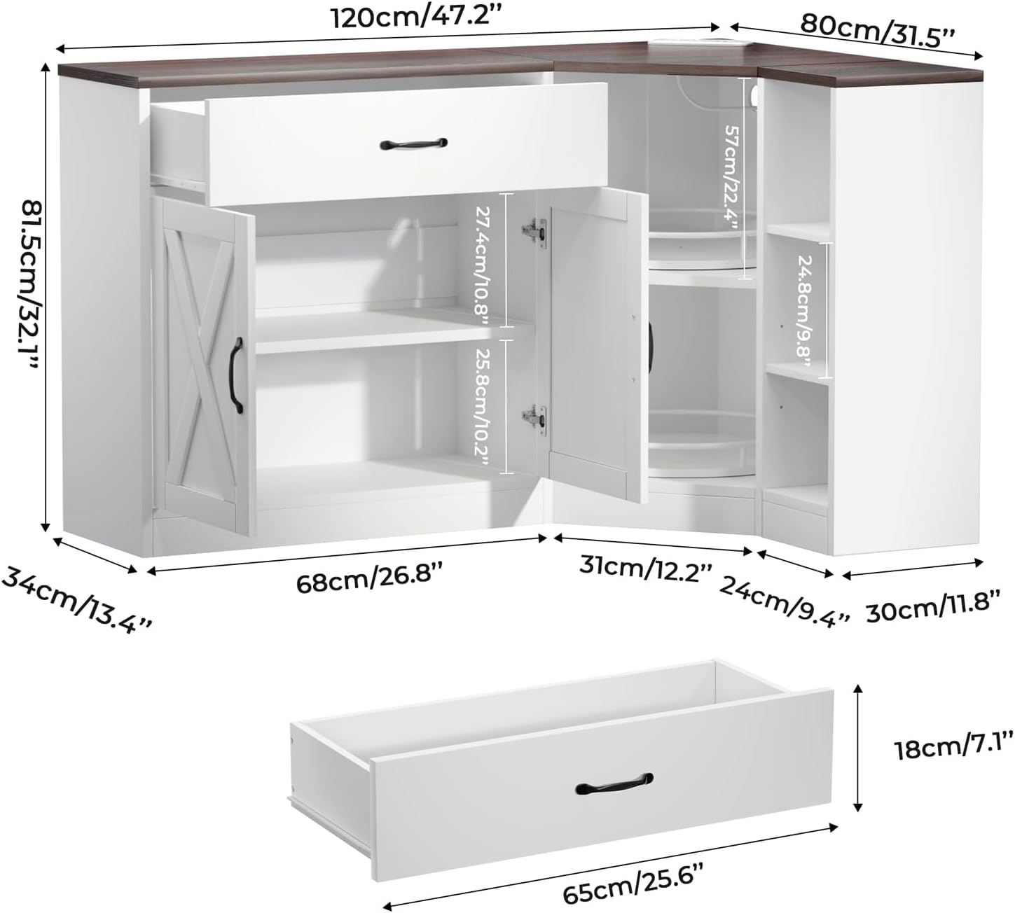 Corner Cabinet w/Charging Station, Kitchen Pantry w/Lazy Susan Turntable | Farmhouse Food Pantry Cabinet w/Drawer & Doors & Adjustable Shelf, L-Shaped Sideboard for Dining Room (White)