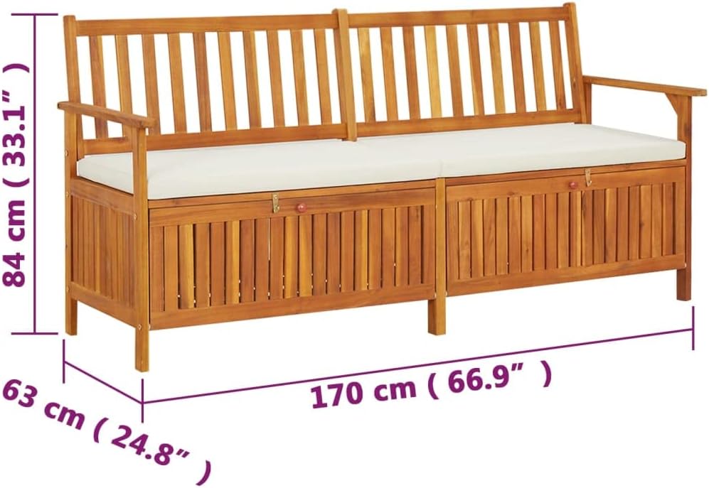 Outdoor Storage Bench with Cream Cushion, 67 Inch Acacia Wood Patio Entryway Furniture, Garden Deck Box with Seating and Padded Cushion, Brown