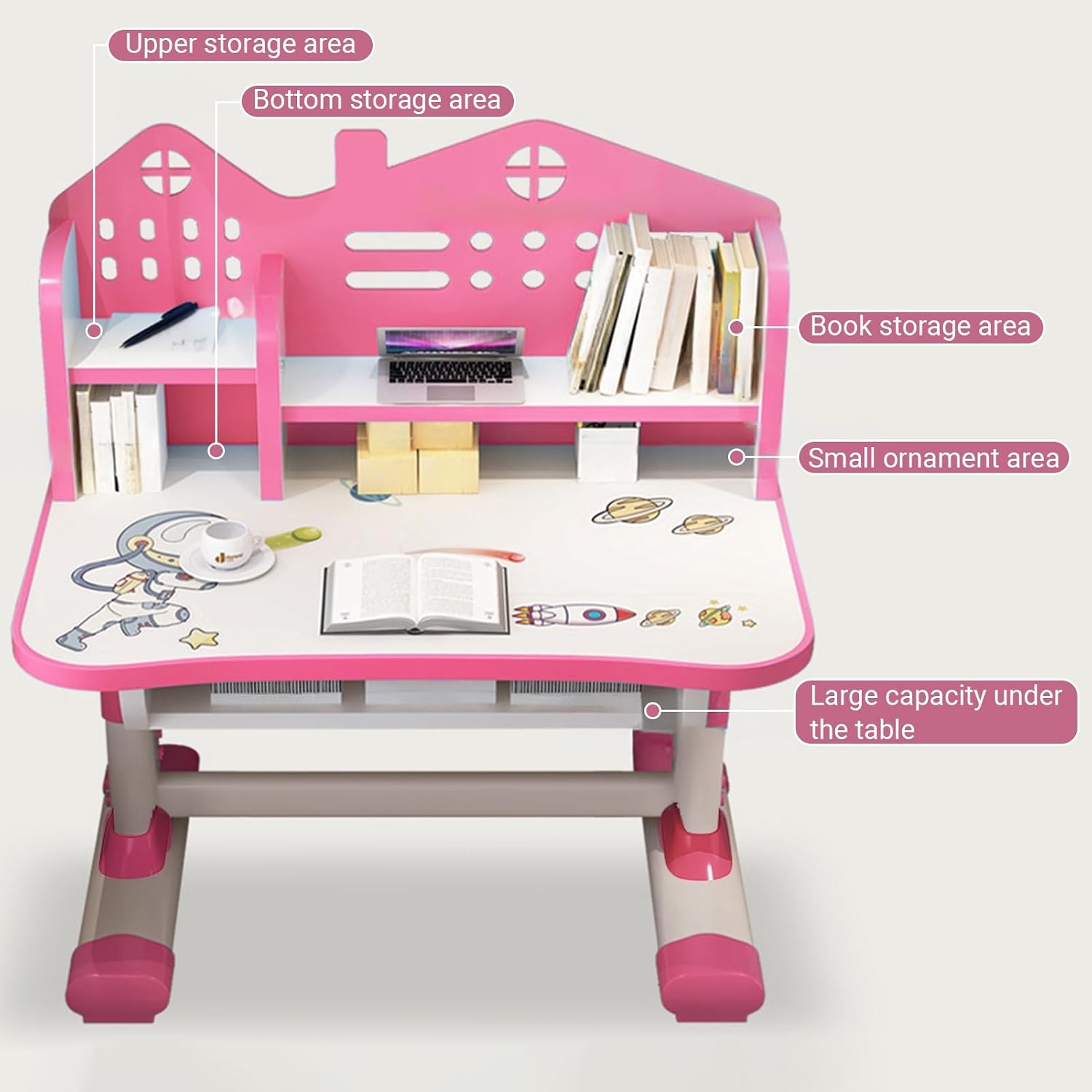 2-Piece Kids Adjustable Study Desk & Seat Set, Cartoon Print Widened Desktop with Storage Drawer Metal Frame for Homeschool Bedroom Playroom Pink