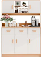 Kitchen Pantry Storage Cabinet, Modern Farmhouse Kitchen Pantry Cabinet with Microwave Stand, 3 Drawers, 5 Doors, and Open Shelves Wooden Color