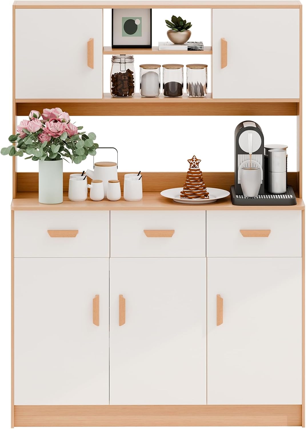 Kitchen Pantry Storage Cabinet, Modern Farmhouse Kitchen Pantry Cabinet with Microwave Stand, 3 Drawers, 5 Doors, and Open Shelves Wooden Color
