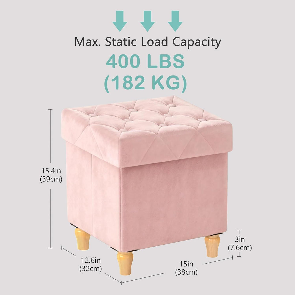 CAROLMADE Folding Storage Ottoman Cube Velvet Footstool with Wood Legs Ottoman Footrest for Living Room and Bedroom Pink, 15"x12.6"x15.4"