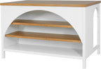 Christopher Knight Home Elle 56" Kitchen Island with Open Storage, Farmhouse Rubberwood Kitchen Island Table with Arch Detail, Storage Cabinet with 3 Open Shelves, Kitchen Prep Table, White+Natural