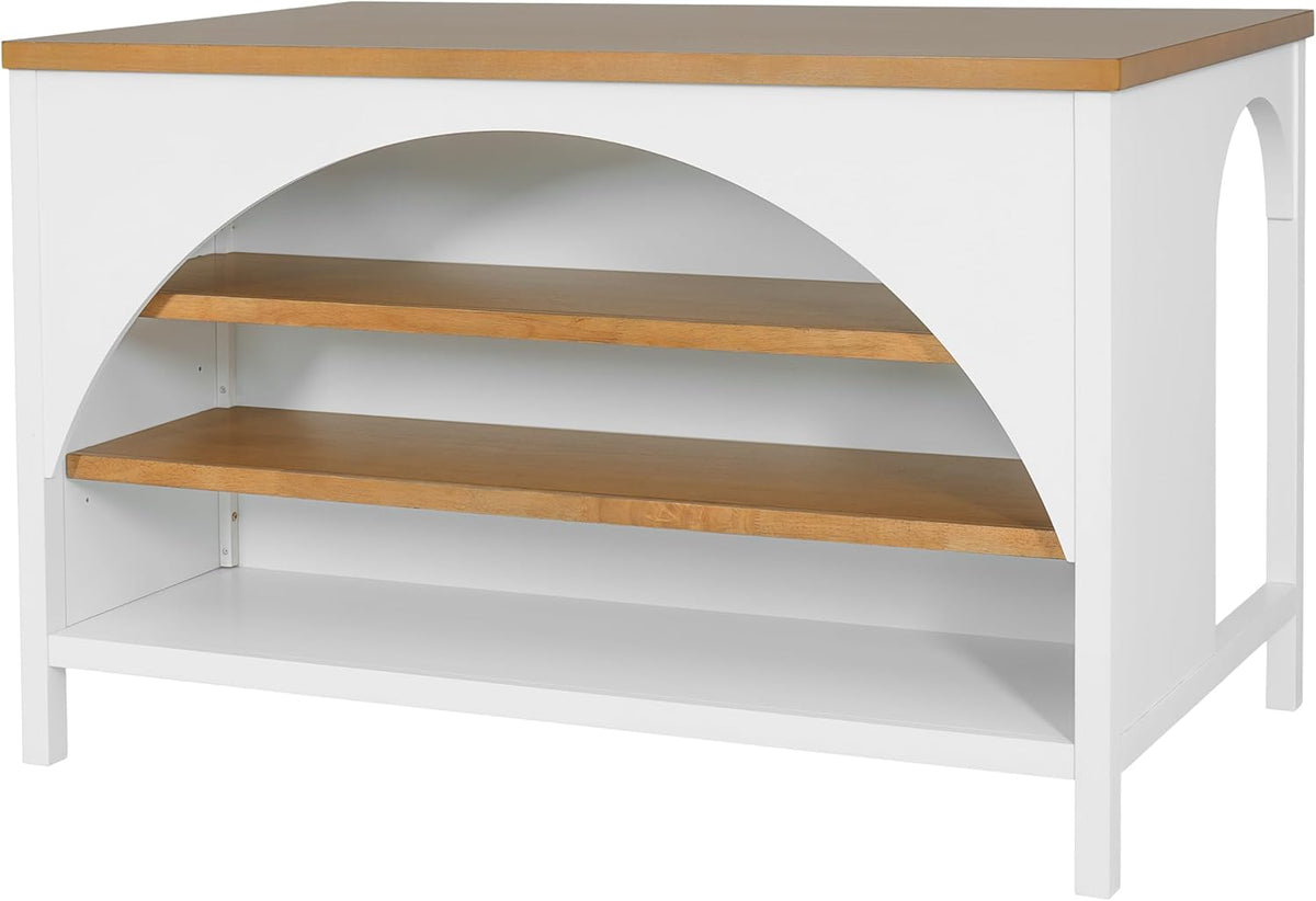 Christopher Knight Home Elle 56" Kitchen Island with Open Storage, Farmhouse Rubberwood Kitchen Island Table with Arch Detail, Storage Cabinet with 3 Open Shelves, Kitchen Prep Table, White+Natural