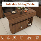 Folding Dining Table with Wheels, Drop Leaf Dinner Table with 2-Layer Storage, Space Saving Table for Small Spaces, Kitchen, Dining Room (Walnut)