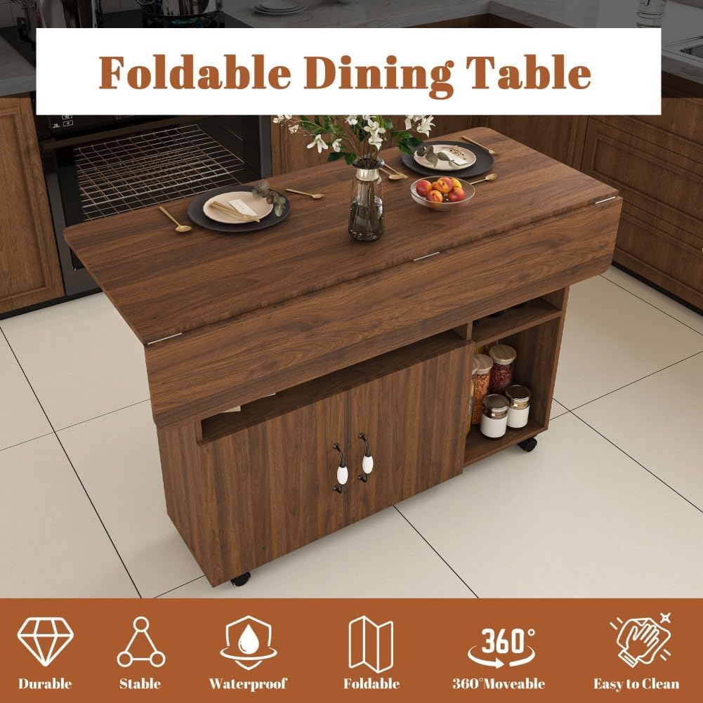 Folding Dining Table with Wheels, Drop Leaf Dinner Table with 2-Layer Storage, Space Saving Table for Small Spaces, Kitchen, Dining Room (Walnut)