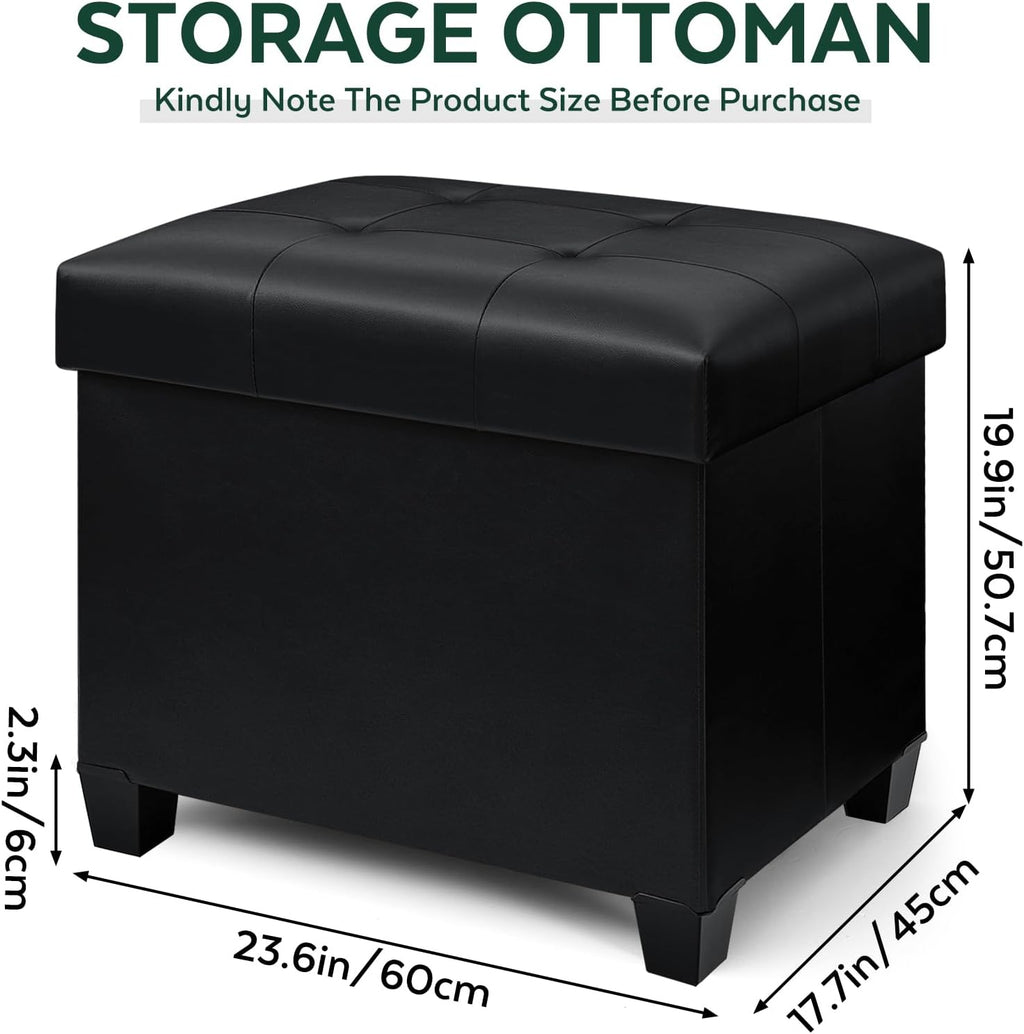 Ottoman with Storage, Rectangular Storage Ottoman, Faux Leather Ottomans with Legs for Living Room Bedroom Dorm, 23.6" D x 17.7" W x 19.9" H, Jet Black