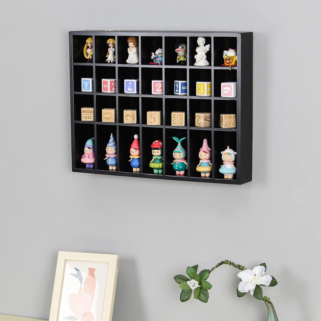 Black Shot Glass Display Case 18" x13" Solid Wood Wall Mounted Collection Cabinet 28 Slots Small Curio Cabinet Rack (No Door)