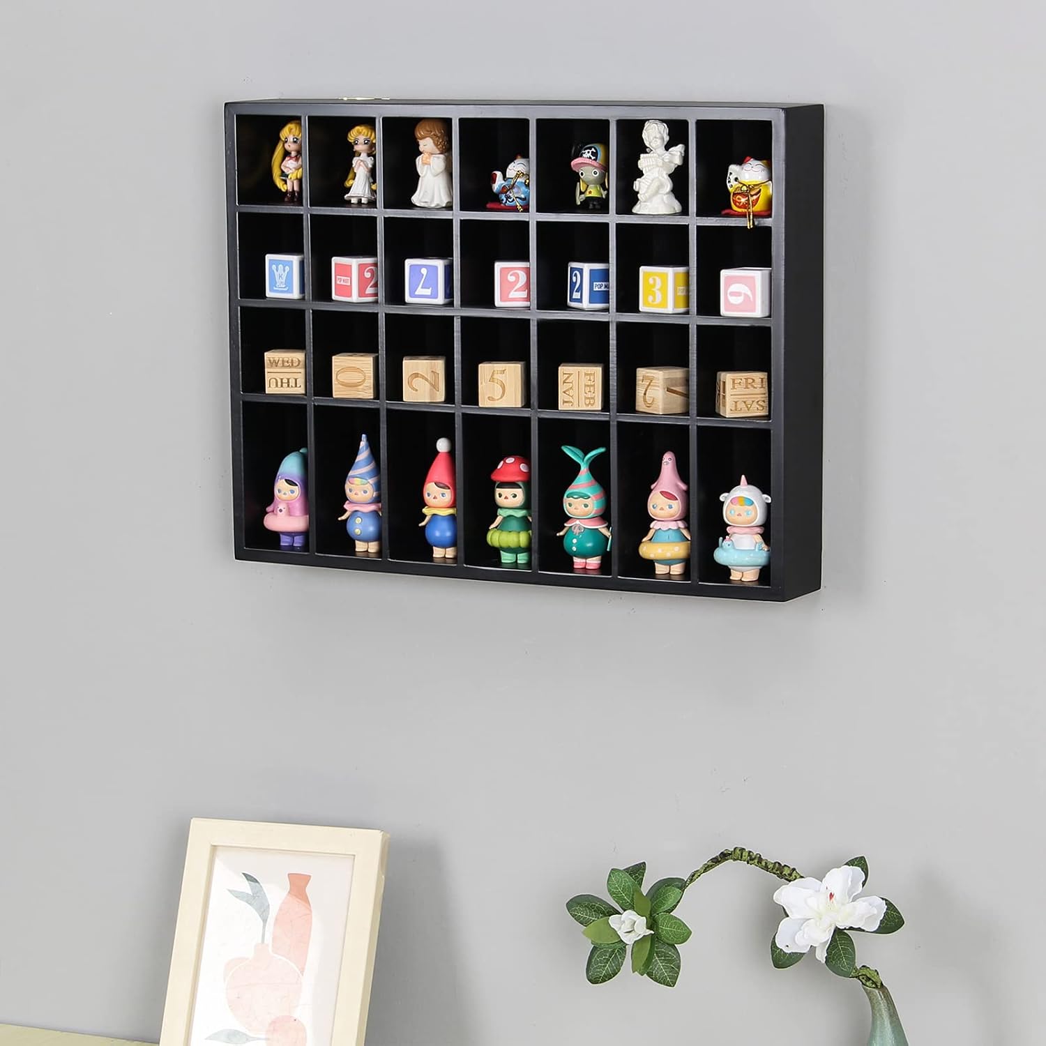 Black Shot Glass Display Case 18" x13" Solid Wood Wall Mounted Collection Cabinet 28 Slots Small Curio Cabinet Rack (No Door)
