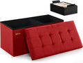 HAUSFRAU Ottoman with Storage Bench Folding Foot Rest Stool Linen Red | 31.5", Flip Lid, Small Upholstered Foldable Footrest Footstool, Bedroom Bench, Living Room Dorm Ottoman, Rectangle