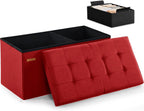 HAUSFRAU Ottoman with Storage Bench Folding Foot Rest Stool Linen Red | 31.5", Flip Lid, Small Upholstered Foldable Footrest Footstool, Bedroom Bench, Living Room Dorm Ottoman, Rectangle