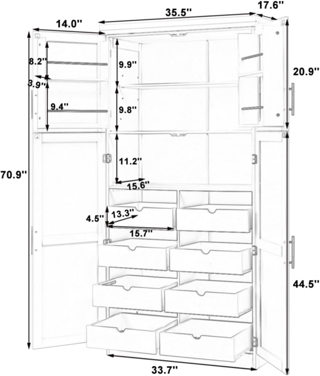 Hassyee 35.5 x 17.6 x 70.9 inch Freestanding Kitchen Pantry Cabinet, Tall Storage Cabinet with 4 Doors, 2 Door Shelves, 8 Pull-Out Trays and Adjustable Shelf for Dining Room (Gray)