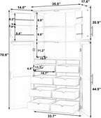 Hassyee 35.5 x 17.6 x 70.9 inch Freestanding Kitchen Pantry Cabinet, Tall Storage Cabinet with 4 Doors, 2 Door Shelves, 8 Pull-Out Trays and Adjustable Shelf for Dining Room (Gray)