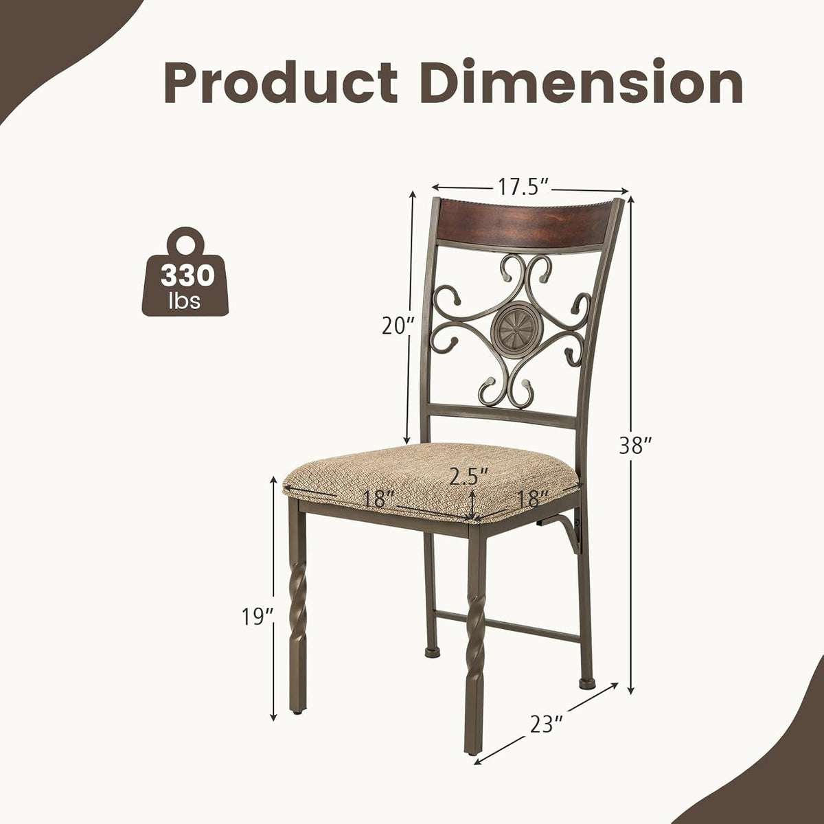GOFLAME Dining Chairs Set of 2, Upholstered Kitchen Chairs with Padded Seat & Ergonomic Backrest, Farmhouse Armless Side Chairs with Metal Frame for Dining Room, Restaurant, Brown
