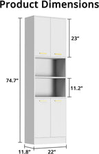 Cozy Castle Kitchen Pantry Cabinet, 75" Tall Wood Storage Cabinet with Doors and Shelves, 4 Doors Open Countertop Utility Hutch Cupboard for Dining Room Living Room Bathroom Furniture, White