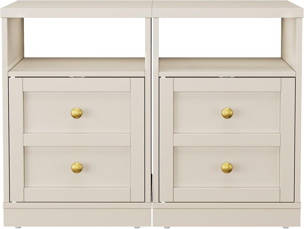 RoyalCraft End Table Set of 2, Nightstand with Storage Shelf and Door, Faux Two-Drawer Design Side Table, Wood Beside Table for Small Spaces, Modern NightStand for Living Room Bedroom Dorm, Beige