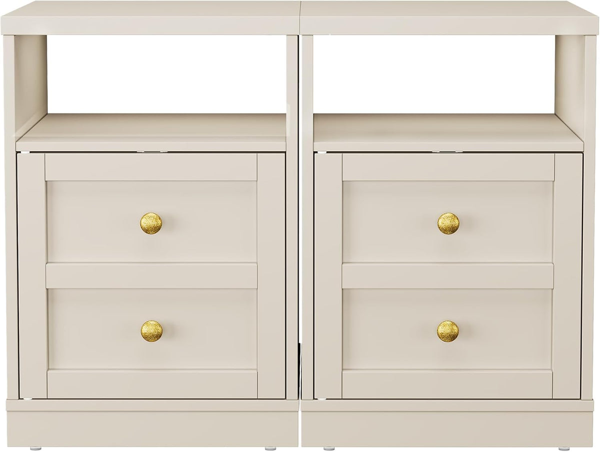 RoyalCraft End Table Set of 2, Nightstand with Storage Shelf and Door, Faux Two-Drawer Design Side Table, Wood Beside Table for Small Spaces, Modern NightStand for Living Room Bedroom Dorm, Beige