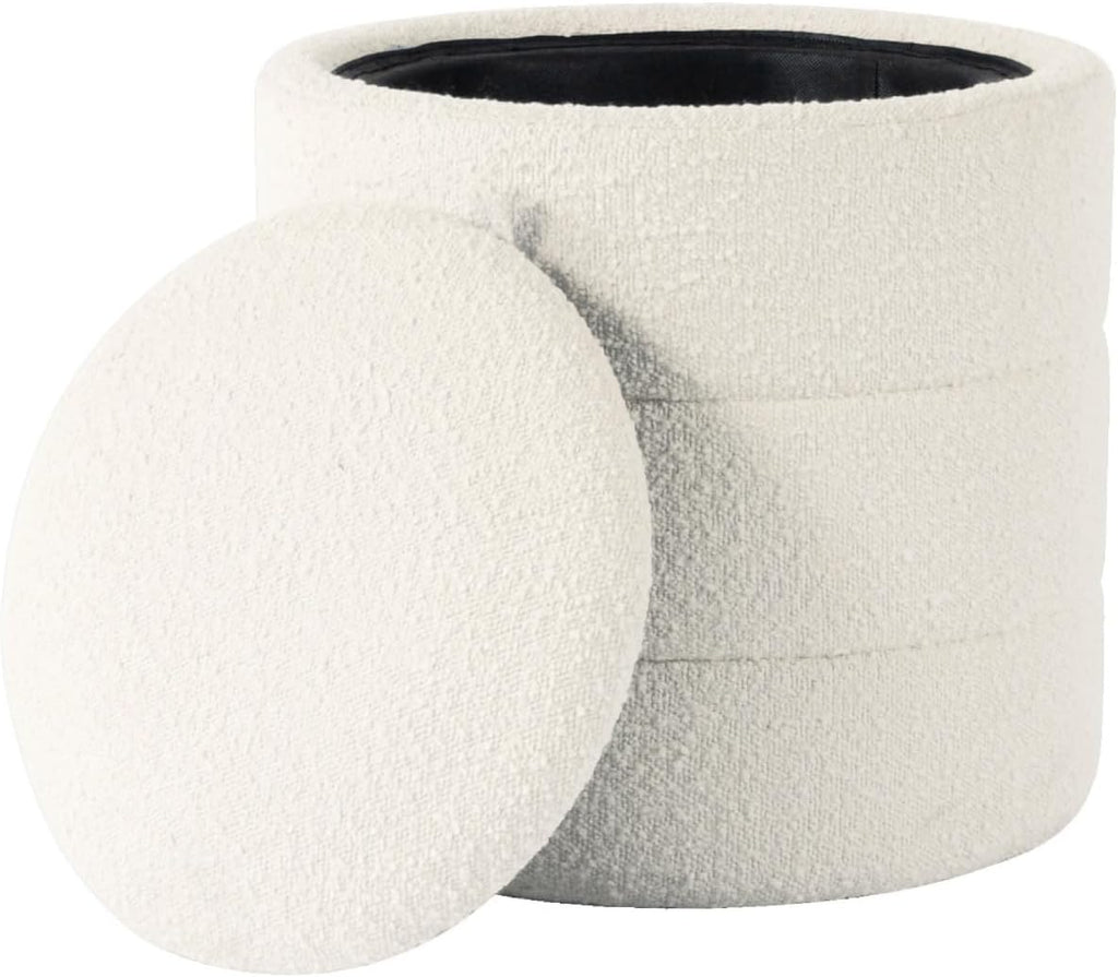 Storage Ottoman, 18 Inch Round Removable Lid, White Boucle Fabric