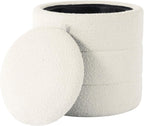 Storage Ottoman, 18 Inch Round Removable Lid, White Boucle Fabric