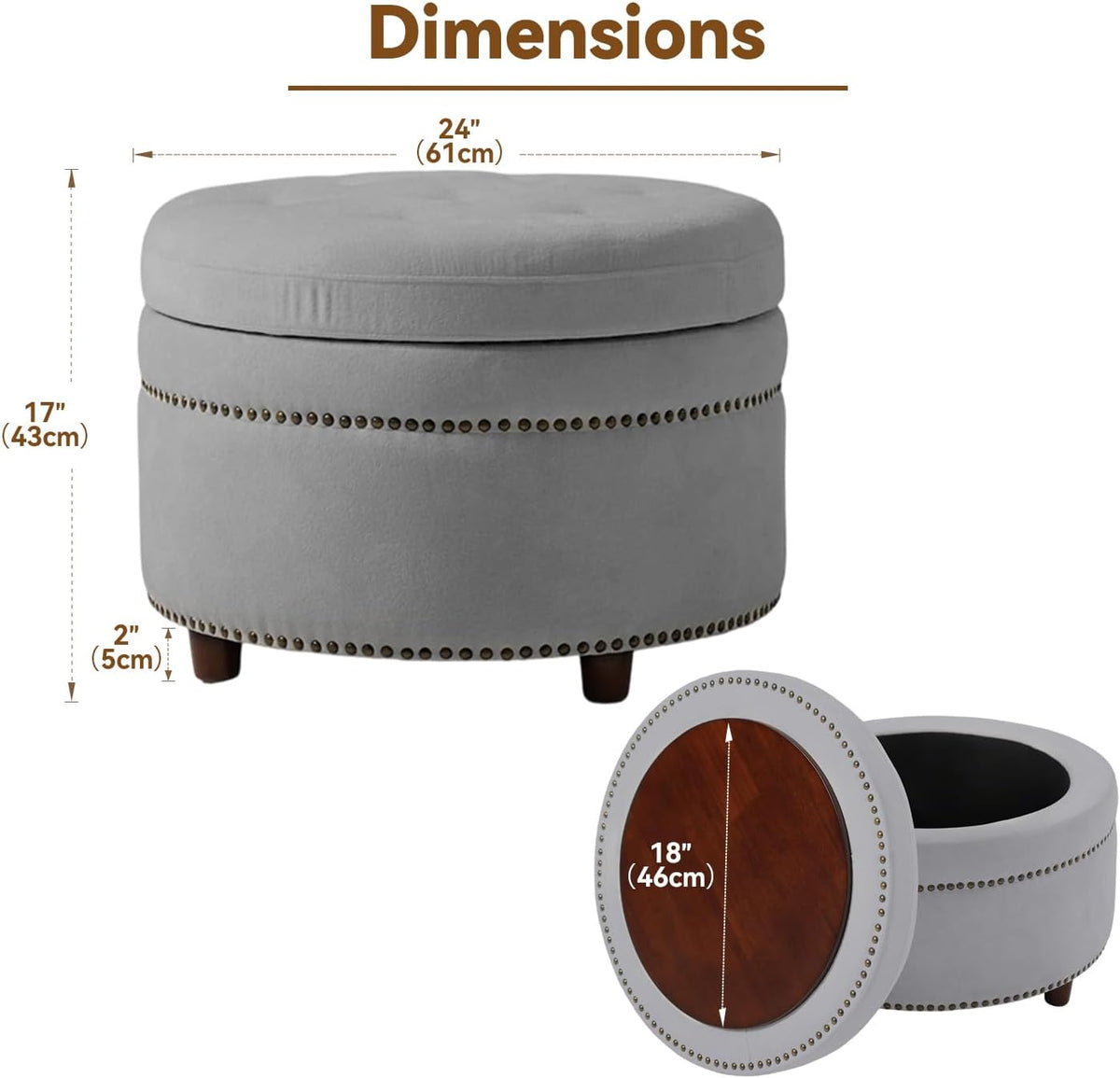 24'' Dual-Surface Lid Round Ottoman – Accent Ottoman with Storage Comfortable Padding,Space-Saving Coffee Table for Living Room & Bedroom-Gray