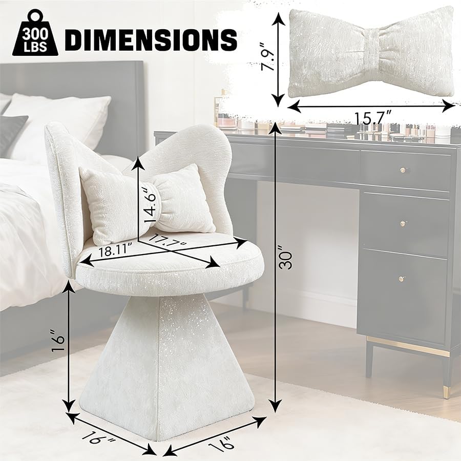 Bedroom Living Room Butterfly Back Chenille Velvet Vanity Stool, Triangular Solid Base 300LBS Heavy-Duty, 360° Swivel Accent Chair for Dressing Table & Dining Space, White
