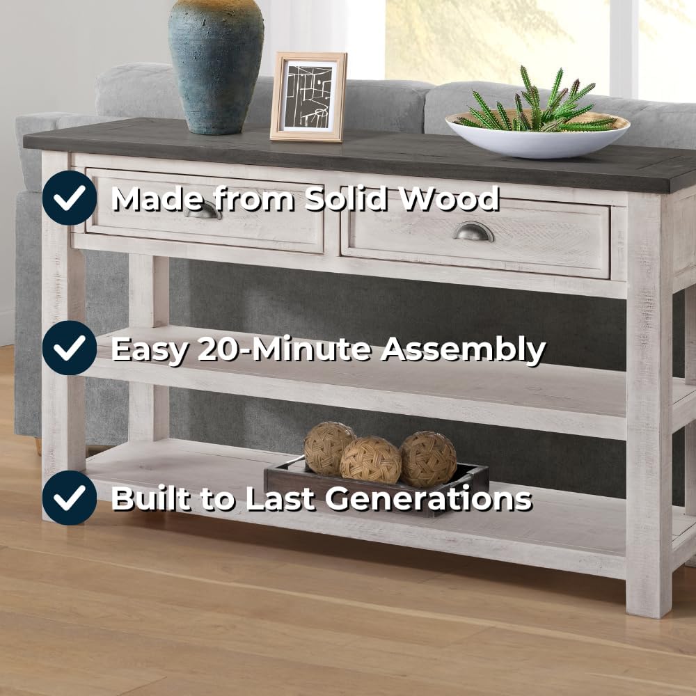 Martin Svensson Home Monterey Solid Wood Sofa Console Table, White & Grey | Farmhouse Style, Pine Wood, Two Drawers, Two Open Shelves for Storage