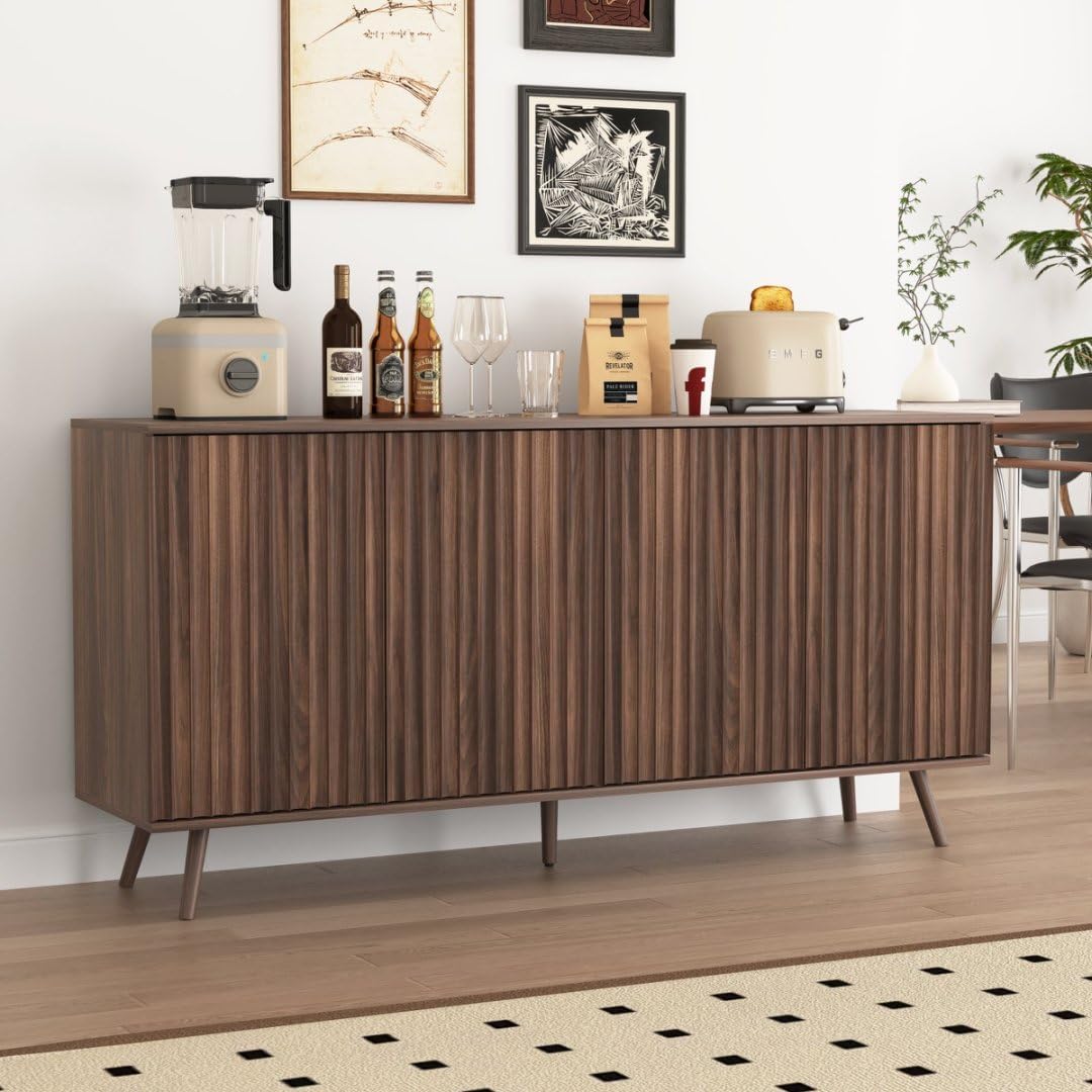 59" Buffet Cabinet with Storage, Modern Kitchen Buffet Sideboard with 4 Doors, Wood Coffee Bar with Adjustable Shelves, Kitchen Storage Cabinet with Adjustable Legs for Living Room (Walnut)