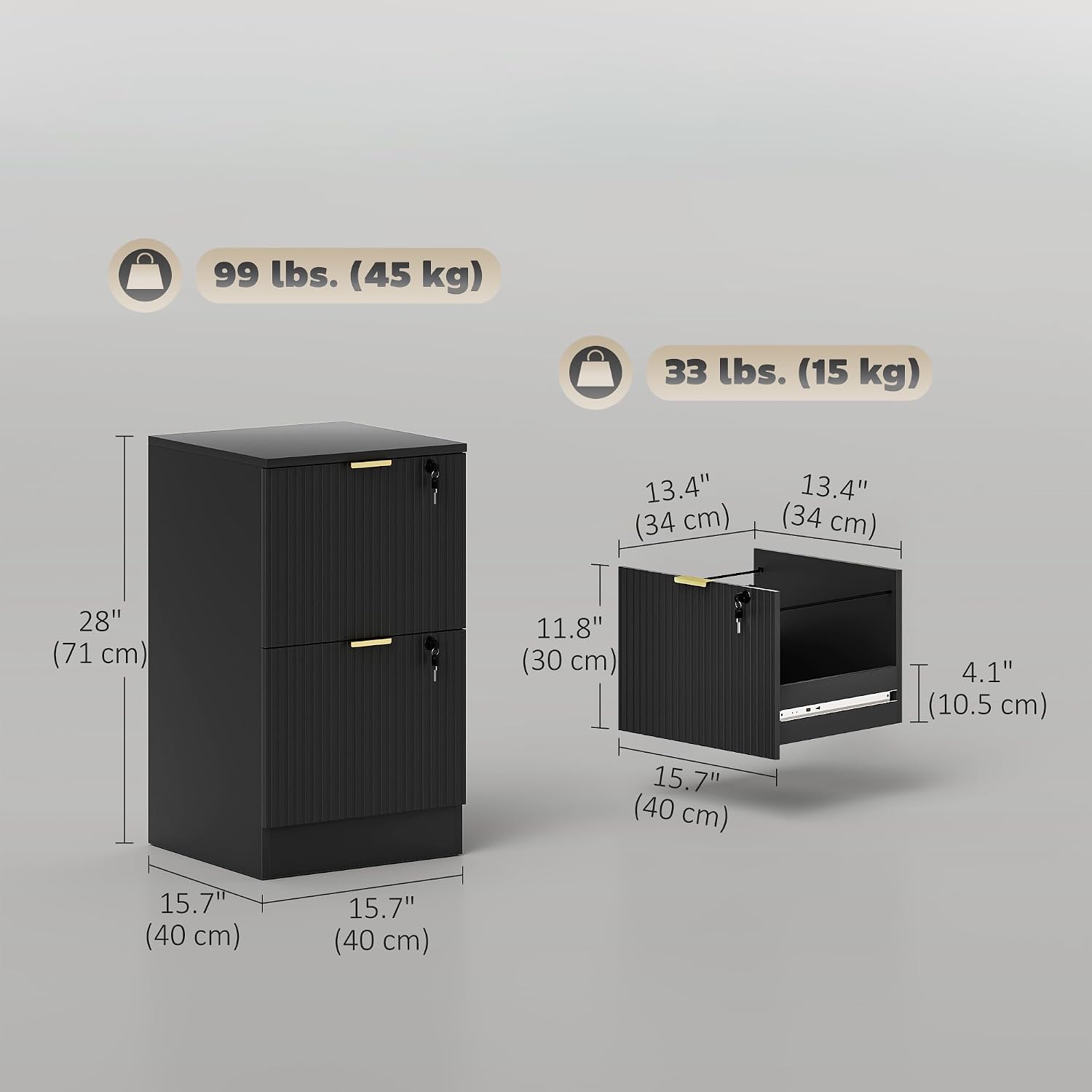 HOMCOM 2 Drawer File Cabinet Fluted Vertical with Lock Printer Stand Black | Adjustable Hanging Rails, for A4 Letter Size Files, with Storage
