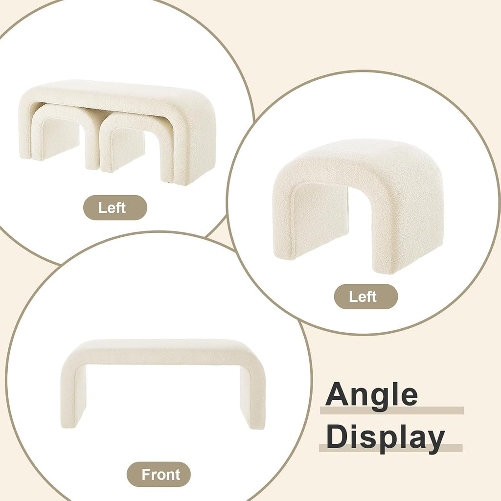 3-Piece Ottoman Bench Set, End of Bed Bench with 2 Foot Stools | 44" Teddy Padded U-Shaped Design, Wood Frame, 500LBS Weight Capacity, No Assembly Required, Entry Bench for Bedroom, Cream