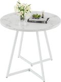 VECELO Round Dining Room Table with Wood Grain Tabletop and Steel Frame, for Kitchen, Living Room, Office, Conference, 2 to 4 Person, White Faux Marble