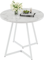 VECELO Round Dining Room Table with Wood Grain Tabletop and Steel Frame, for Kitchen, Living Room, Office, Conference, 2 to 4 Person, White Faux Marble