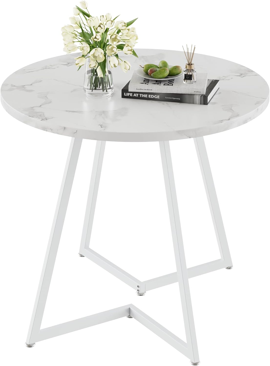 VECELO Round Dining Room Table with Wood Grain Tabletop and Steel Frame, for Kitchen, Living Room, Office, Conference, 2 to 4 Person, White Faux Marble