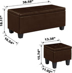 PU Leather Storage Ottomans Set of 3, Tufted Upholstered, Brown | 38 inch Seating Bench, Safety Hinges, No Tools Assembly, Large Store Capacity, Study Wood Frame, Extra Foot Stools
