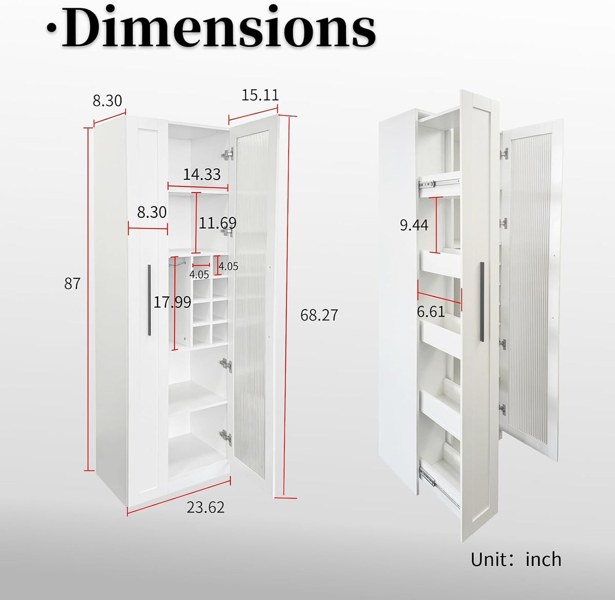 JOYSOURCE Kitchen Hutch Cabinet with 5-Tier Pull-Out Storage Shelves Tall Kitchen Pantry Wine Cabinet Slim Liquor Cabinet with Reeded Glass Door Bottle Dividers & Stemware Rack White