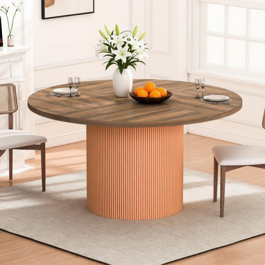 55 inch Round Dining Table for 4-6 People, Modern Farmhouse Dining Kitchen Table with Fluted Cylindrical Pedestal Base for Dining Room, Living Room, Kitchen, (Chairs Not Included)