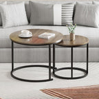 Garden 4 you Nesting Coffee Table, 23.6" Round Coffee Table Set of 2, Wooden Nesting Table Set with Metal Frame, Side Tables for Living Room Bedroom Balcony, Brown
