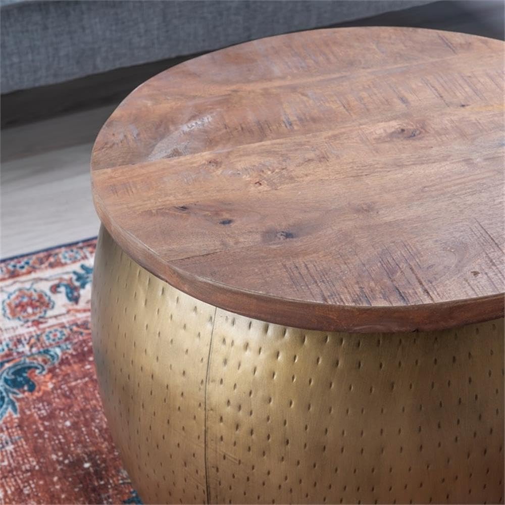 MAKLAINE Large Hammered Metal Drum Table with Storage, Brass Finish, Solid Mango Wood Top, 27.5 in Diameter, Handcrafted Accent Table for Living Room or Bedroom Use
