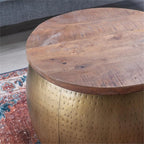 MAKLAINE Large Hammered Metal Drum Table with Storage, Brass Finish, Solid Mango Wood Top, 27.5 in Diameter, Handcrafted Accent Table for Living Room or Bedroom Use