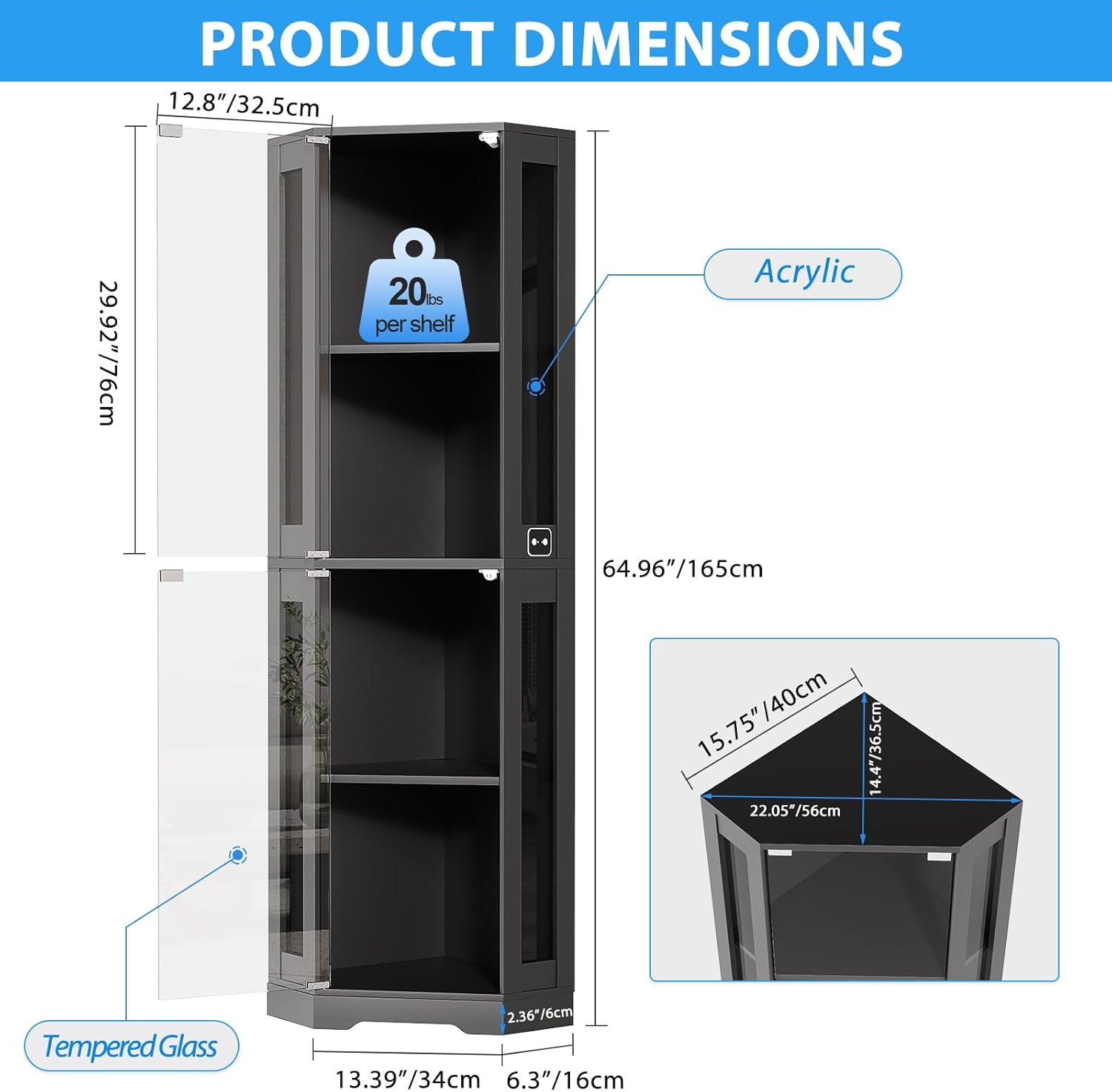 BROTTAR 65" Corner Glass Display Cabinet with LED Lights, 4-Tier Showcase Display Case with Glass Doors & Human Body Sensor for Collectibles, Liquor, Black